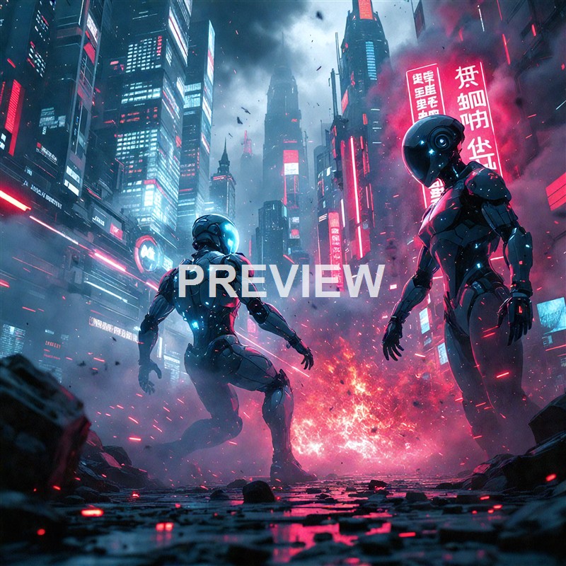 Two futuristic robots stand amidst an explosion in a neon-lit cityscape with tall skyscrapers and flying debris, enveloped in smoke and vibrant pink and blue lights.